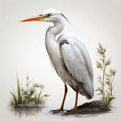 a white bird standing on top of a body of water next to grass and flowers