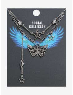 Social Collision Butterfly Swirl Star Layered Necklace | Hot Topic Hot Topic Necklaces, Egirl Jewelry, Dr Belongings, Swirl Star, Social Collision, Wishlist Board, Grunge Earrings, Skull Butterfly, Hot Topic Jewelry