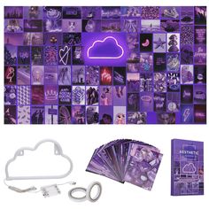 a bunch of pictures that are in front of a purple background with the words aesthetic on it