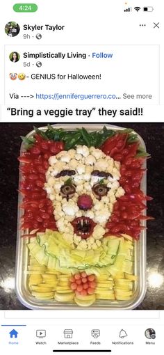 a plastic container filled with fruit and veggies in the shape of a lion