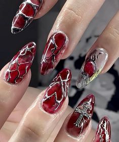 Finger Biting, Vampy Nails, Vampire Nails, Red And White Nails, Birmingham City University, Creative Nail Art, Cross Nails, Fake Nails Designs, Punk Nails