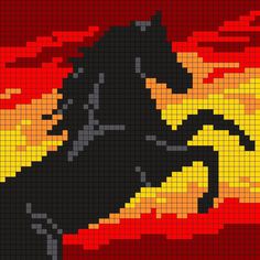 a pixellated image of a black horse on red and yellow background