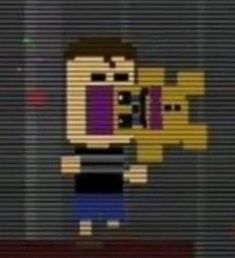 a pixellated image of a man holding a yellow fire hydrant