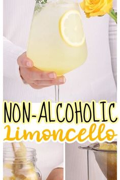 a person holding a glass with lemonade in it and the words non - alcoholic limoo