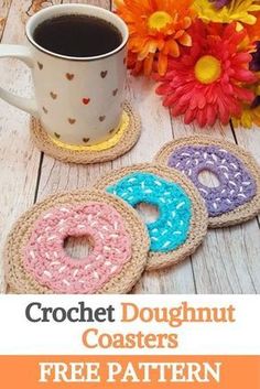 crochet doughnut coasters with coffee and flowers in the background