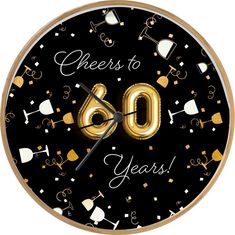 a clock that says cheers to 60 years with gold balloons and confetti on it