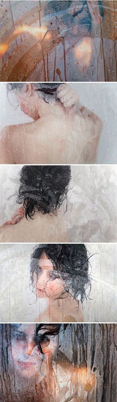 four different images of people in the rain, with one woman's face covered by water