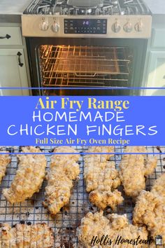 an air fryer with chicken on it and text overlay that reads how to use air fry range full size air fry oven