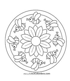 a coloring page with bees and flowers in the center