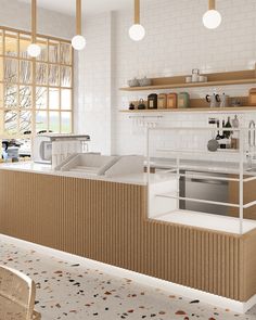 an open kitchen with white tile and wooden shelves on the wall, along with lots of counter space