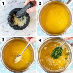 four pictures showing how to make soup with broccoli