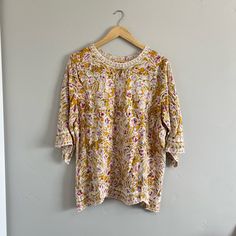 Nwt. Perfect Condition. Yellow Long Sleeve Top With Chikankari Embroidery, Yellow Tops With Chikankari Embroidery For Spring, Yellow Chikankari Embroidery Top For Spring, Mustard Floral Print Cotton Top, Mustard Cotton Floral Print Top, Mustard Cotton Top With Floral Print, Gingham Jacket, Rayon Blouse, Lace Trim Top