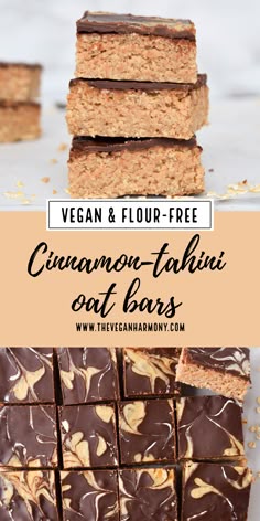 vegan and flour - free cinnamon - tahitii oat bars stacked on top of each other