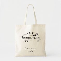 It's All Happening Script Wedding Tote Bags #Invitation #card #template #design #pinterestquotes #pinterestideas #pinterestmom #pinterestwedding #aesthetic #love #art #pinterestsuccess Elegant Personalized Wedding Bags, Customizable Rectangular Bag For Wedding Gift, Wedding Gift Bag Tote, Wedding Gift Tote Bag, Personalized White Bag For Wedding Gift, Eco-friendly Personalized Canvas Bag For Daily Use, Summer Wedding Tote Bag, Eco-friendly Personalized Tote Bag, Eco-friendly Personalized Canvas Tote Bag