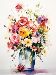 watercolor painting of colorful flowers in a vase