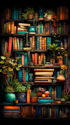 there are many books on the shelves with plants and vases next to each other