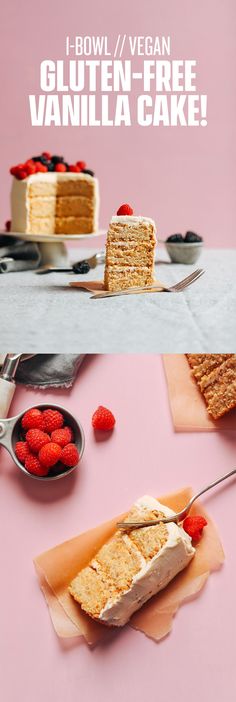 two different views of cake and berries on the table