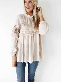 Cream High Neck Blouse Long Sleeve w/ Elastic Cuff + Lace Panel Lace Detailing on Front Keyhole in Back Flowing Fit Hourglass Outfits, New Fashion Style, Romantic Blouses, Outfits Casuales, Sweater Weather, Moda Fashion, Spring Summer Fashion, Passion For Fashion, Stitch Fix