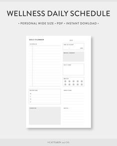 the printable daily schedule is shown in white and black with text that reads,'personal