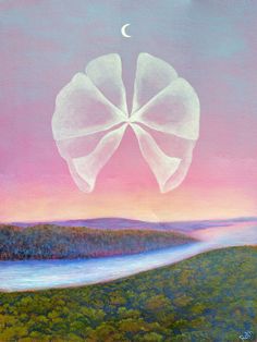 a painting of an umbrella floating in the air over a lake and forest at sunset