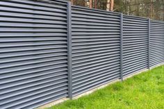 a black metal fence with green grass in the foreground