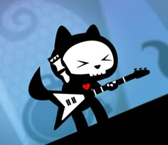 a black and white cartoon cat holding a guitar