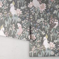 two wallpapers with birds and flowers on them, one in grey the other in pink