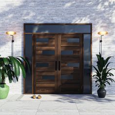 two potted plants sit in front of a wooden door on a white brick wall