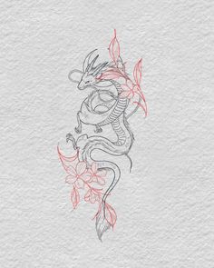 a drawing of a dragon with red flowers on it's back and the tail curled up