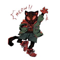 a drawing of a person in a spider - man suit with the words meow on it