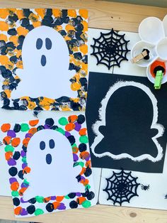 halloween crafts for kids with ghost faces and spider webs on the paper, including paint