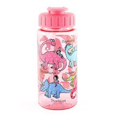 a pink water bottle with dinosaurs on it