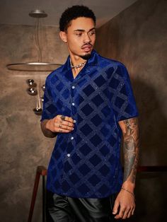 Men's Rhinestone Plaid Knitted Casual Short Sleeve Shirt For Party Blue Casual  Short Sleeve Knitted Fabric Geometric,Plaid,All Over Print Shirt Slight Stretch  Men Clothing, size features are:Bust: ,Length: ,Sleeve Length: