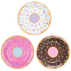 three donuts with sprinkles on them are shown in three different colors