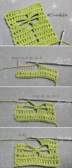 the crochet pattern is shown in three different stages