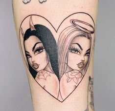 a couple of women that are next to each other in a heart shaped tattoo on the leg