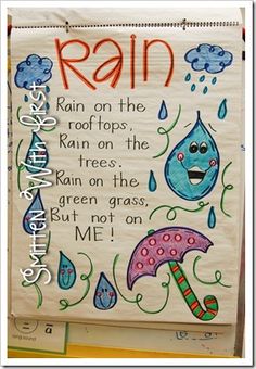 a bulletin board with rain written on it and an umbrella in the rain drawn by children