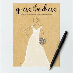 a card with a drawing of a woman in a wedding dress and the words guess the dress on it