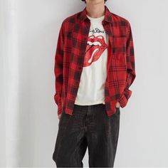 Size: Large New Without Tags Unisex Flannel Red Flannel Long Sleeve Top, Relaxed Fit Flannel Shirt For Fall Streetwear, Casual Flannel Shirt For Streetwear, Red Cotton Grunge Top, Black Flannel Streetwear Shirt, Trendy Relaxed Fit Flannel Shirt, Red Grunge Tops For Fall, Flannel Shirt For Streetwear In Fall, Red Flannel Collared Shirt