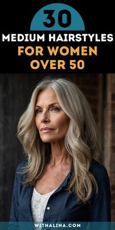 an older woman with long blonde hair and the words 30 medium hairstyles for women over 50