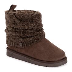 Tackle cold weather this season with Essentials by MUK LUKS Women's Laurel Boots. A classic ankle bootie with a decorative knit overlay and pull-on tab lets you slip into the plush comfort of these casual booties with ease. nWipe with a damp cloth to clean, no bleach, lay flat to dry. Imported.n- Treaded TPR Sole n- 100% Polyester Insole n- 100% Polyester Faux Suede Uppern-100% Acrylic Knit n- 100% Polyester Faux Fur Lining n- No Heeln- Water Resistant n- Multiple color options available n- Wome Heather Brown, Women Essentials, Round Toe Heels, Winter Boots Women, True Religion Jeans, Ankle Bootie, Multiple Color, Dress And Heels, Brown Boots