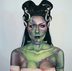 Woman Frankenstein, Women Monster Costume, Scary Leprechaun Makeup, Halloween Nurse Makeup, Monster Makeup Pretty, Scary Monster Makeup, Bride Of Frankenstein Makeup, Green Monster Makeup, Frankenstein Makeup