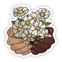 a sticker with flowers in the hands of someone holding something white, brown and yellow