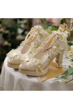 Rhinestone Decorated Beige / Black / White and Gold Tea Party Ankle Strap Quince Heels, Quince Shoes, Manhwa Fashion, White And Gold Shoes, Heels Aesthetic, Glitter High Heels, Cute Shoes Heels, Yellow Heels, Kawaii Shoes