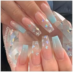 . ｡ *ﾟ+ . ✧.*  . ｡ ♡ ﾟ+ beautiful Nail Designs With Clear Nails, Cute Nails Acrylic Coffin Blue, Cuffing Nail Design, Acrylic Nails For Birthday Summer, Spring Nails Butterflies, Clear Nails With Design, Birthday Nails Summer, Uñas Aesthetic