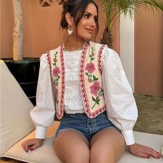 Cotton Waistcoat. Contrast Embroidered Details Sofia Character, Colorful Couture, Zara Vest, Embroidered Vest, Embroidered Details, Zara Jackets, Character Aesthetic, Elk, Sofia