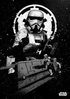 a black and white photo of a star wars character on a vehicle with the background of stars