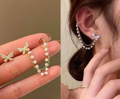 Ear Cuffs Tutorial, Ear Cuff Tutorial, Butterfly Ear Cuff, Ear Wrap Cuff, Pearl Ear Cuff, Handwritten Gifts, Dainty Butterfly, Wrap Earrings, Mismatched Earrings