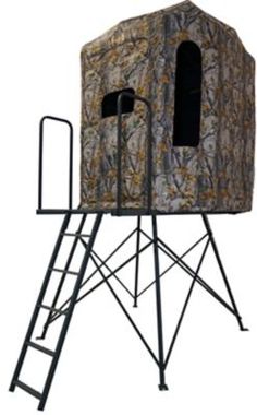 a hunting blind with ladders on the side and an image of a tree stand