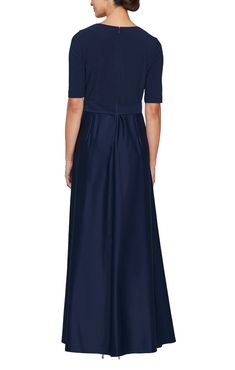 What woman doesn't love a dress with pockets?! This classic gown with flowing skirt and jersey bodice is the epitome of comfort and elegance. Perfect look for mother of the bride! Classic Gown, Surplice Neckline, Bride Groom Dress, Dress With Tie, Flowing Skirt, Necklines For Dresses, Satin Skirt, Dress With Pockets, Elbow Length Sleeve